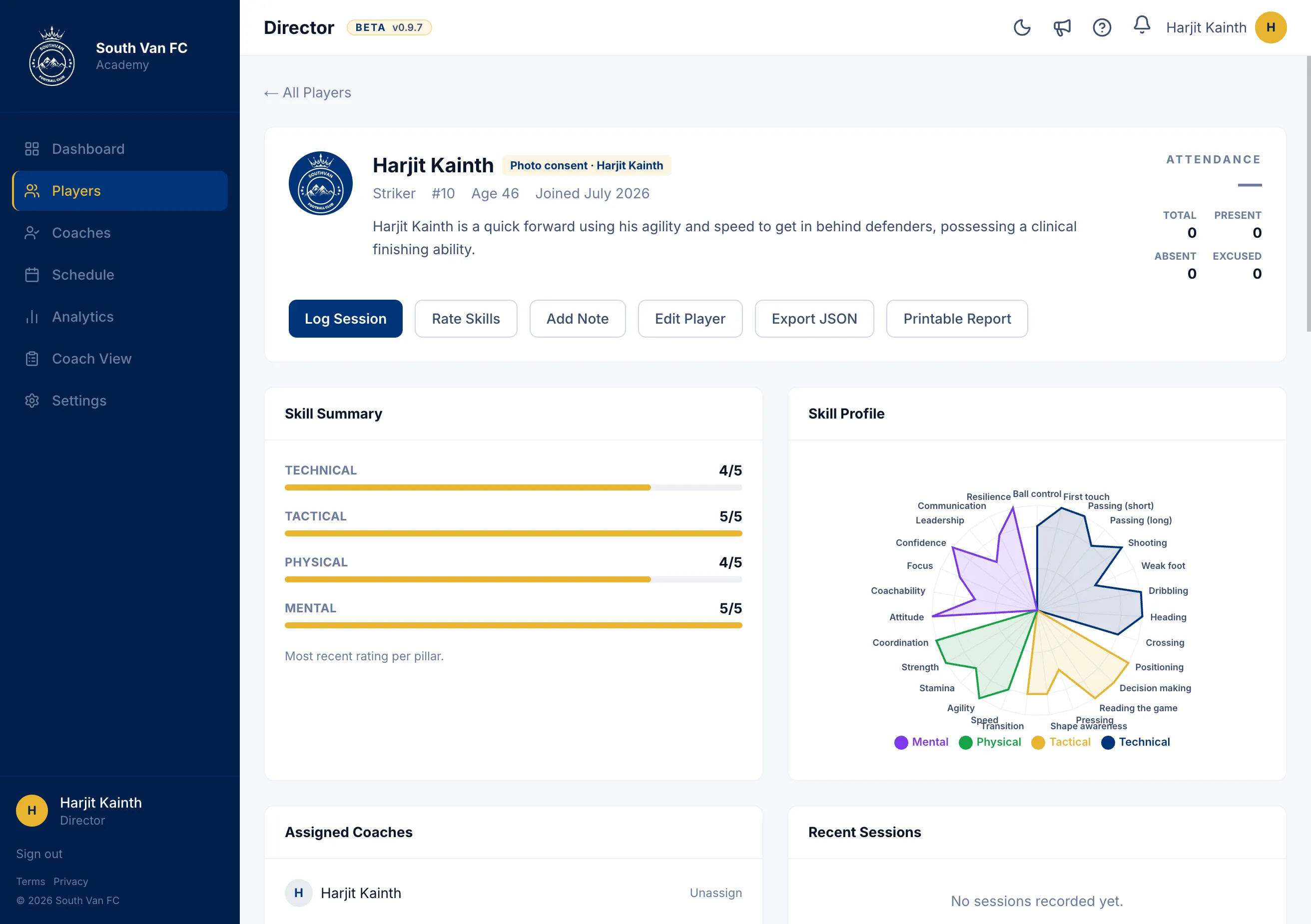 South Van FC Academy App dashboard
