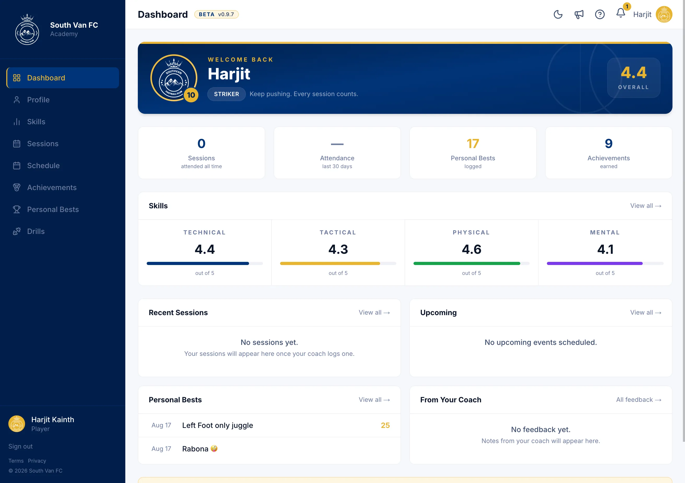 Player & Parent Portal, desktop view